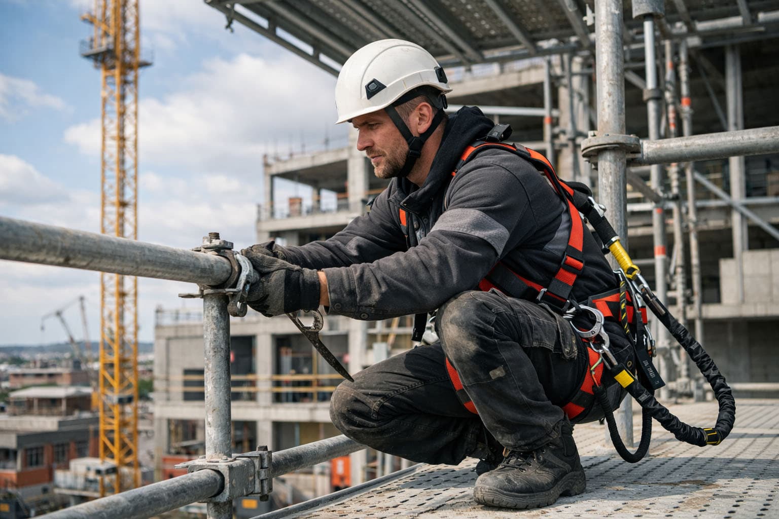 Steigerbouwer met veiligheidsharnas en PBM